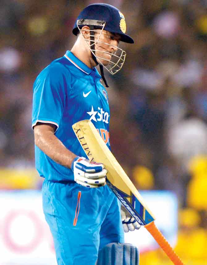 MS Dhoni walks back after being dismissed for five during the second T20 against South Africa in Cuttack last week