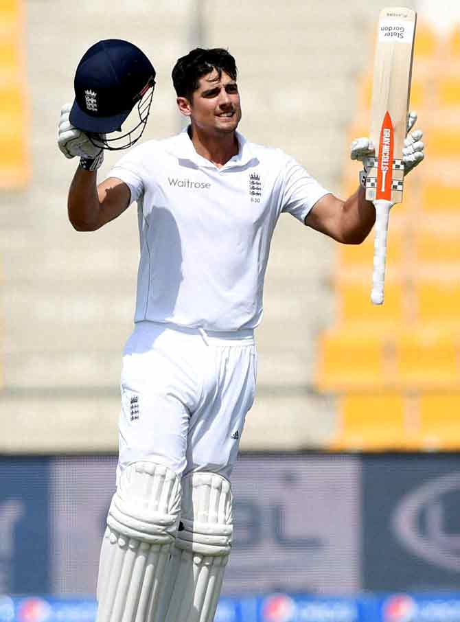 England captain Alastair Cook reacts after reaching a century, during the third day of first test match against Pakistan at Zayed Cricket Stadium in Abu Dhabi. Pic/AFP