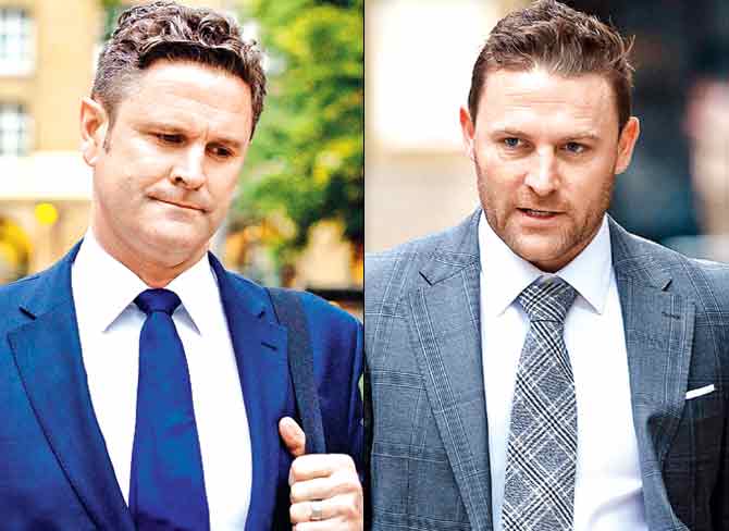 Chris Cairns and Brendon McCullum arrive at Southwark Crown Court in London yesterday. Pics/Getty Images