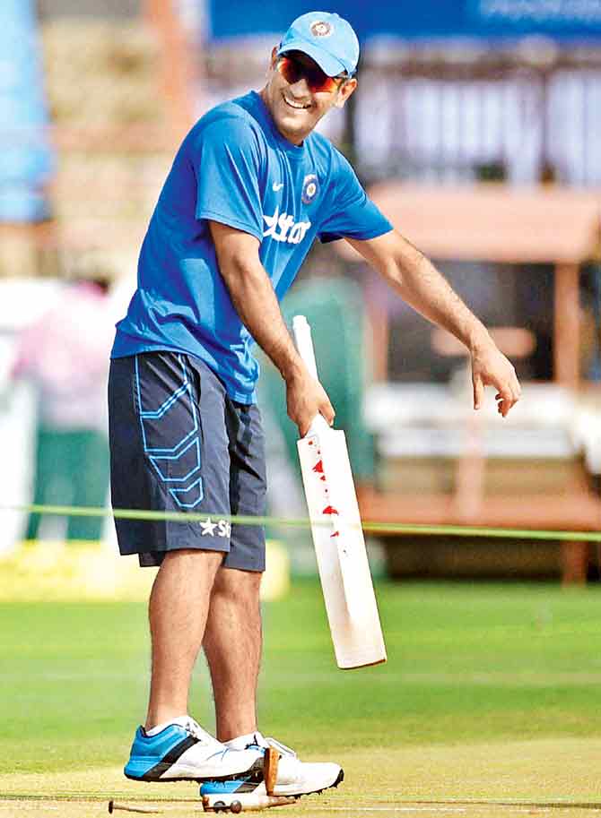 India skipper MS Dhoni during a practice session at Rajkot on Saturday. Pic/PTI