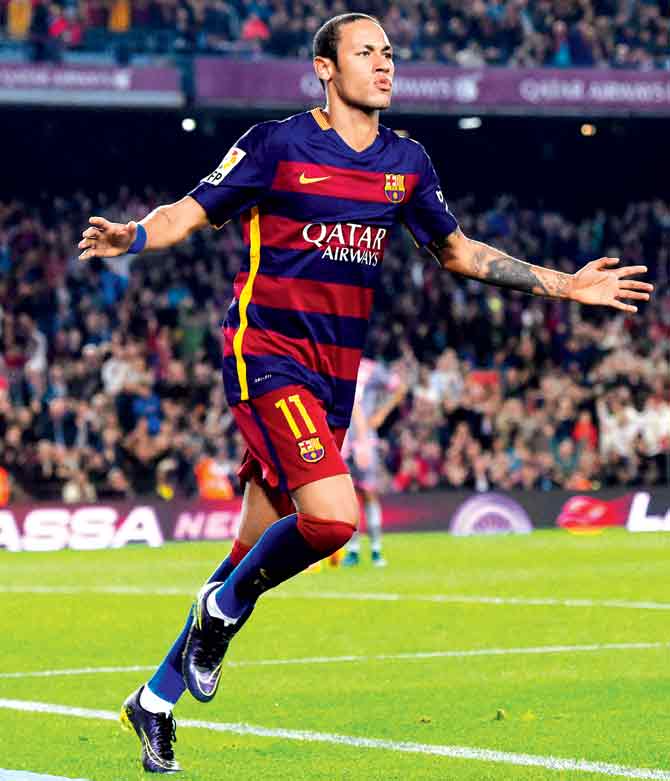 Neymar celebrates after scoring Barcelona