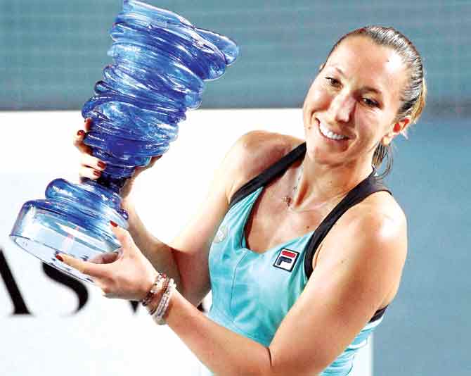 Jelena Jankovic holds aloft her trophy. Pic:AP/PTI