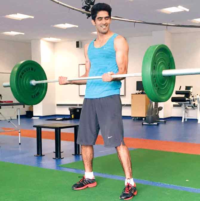 Vijender Singh trains in a gym in Manchester yesterday 