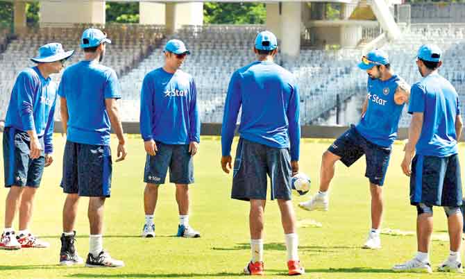 Indian players indulge in a football session during practice at Indore yesterday. Pic/PTI