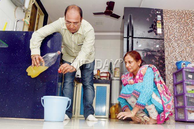 Clean sweep: Parminder Bhamra and his wife Harjit scrub their home with ‘gomutra’. Pic/Sayed Sameer Abedi