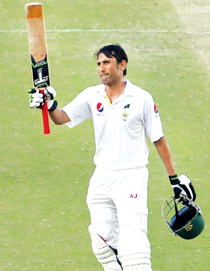 Younis Khan celebrates after scoring 9000 runs in Tests on Saturday. Pic/AFP