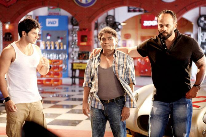 Rohit Shetty funnyman Johnny Lever and Varun Dhawan on the set