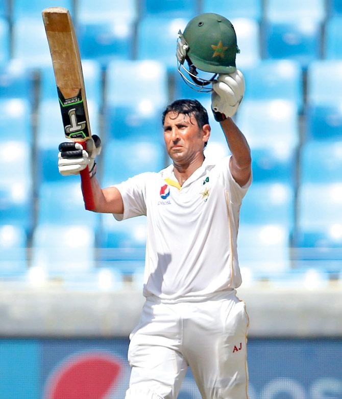 Younis Khan celebrates his 100 against England yesterday. Pic/AFP