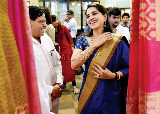 FRIENDS IN ART SPACES: Designer and politician Shaina NC at an event to promote the Banarasi weave at the Dr BDL Museum. PIC/RANE ASHISH