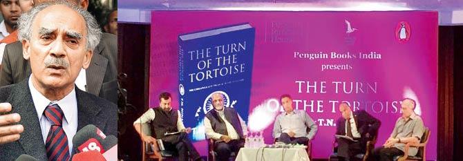 The book launch of TN Ninan’s The Turn of the Tortoise. Arun Shourie (left) got the most laughs because he took the government apart with a rustic manner that is very becoming. Pic/Twitter