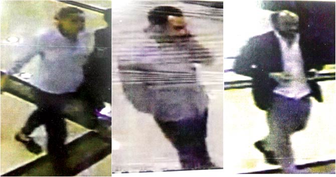 CCTV images are blurry but show the three suspects at the hotel corridor; while the woman (left) was on lookout duty at the Trident side of the corridor, one of the men kept watch on the Oberoi side. Meanwhile, the man in the blazer stole the watches