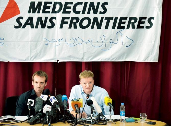 General Director of Doctors Without Borders, Christopher Stokes (right) and Country Representative for MSF in Afghanistan Guilhem Molinie speak during a press conference at the MSF office in Kabul on October 8. Pics/AFP