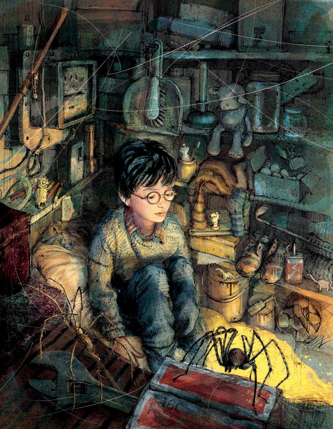 Harry Potter sits lonely in his room below the stairs. illustrations courtesy/bloomsbury
