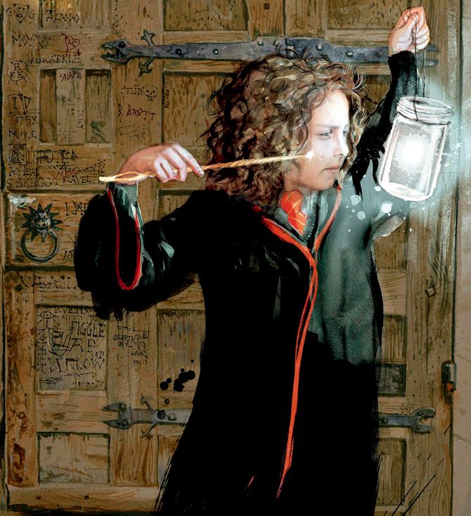 Hermoine with her curly top, casts a spell