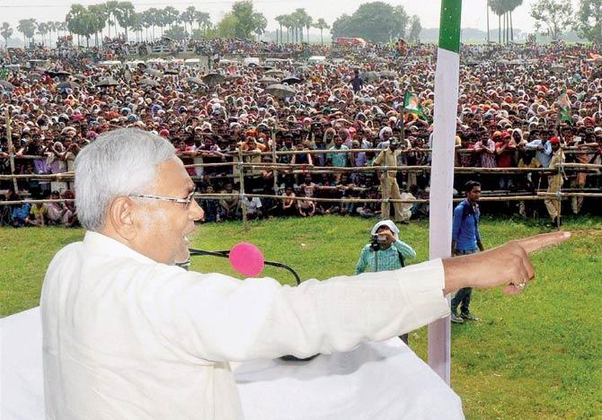 Bihar Chief Minister Nitish Kumar at an election rally in Bariarpuri. Much is at stake in these state elections. Pic/PTI