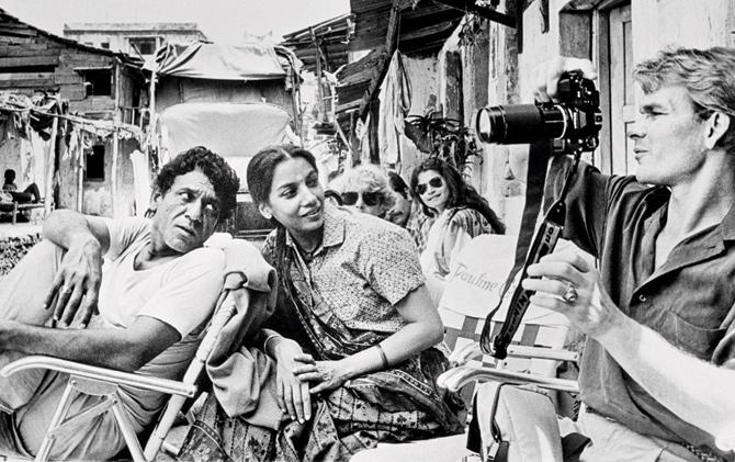 Shabana Azmi and Om Puri with Patrick Swayze while shooting City of Joy