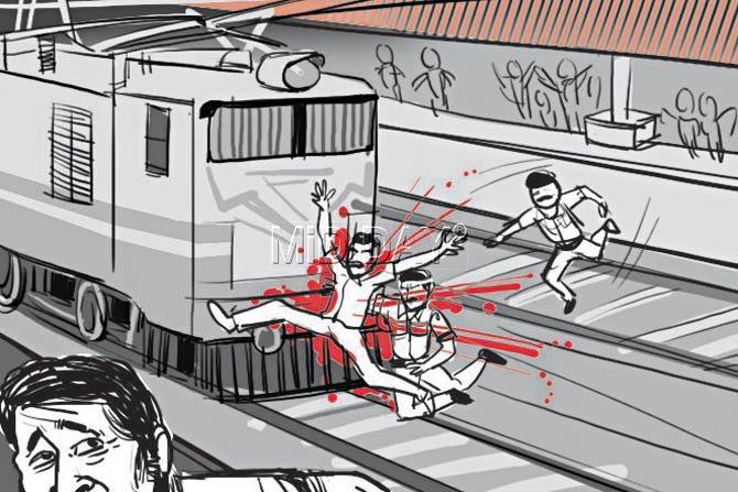 The duo, while running on the tracks, failed to notice an incoming train that ran over them. Illustrations/Uday Mohite