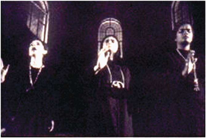 Sabira Merchant, Usha Katrak and Savita Mukherjee in The Serpent, 1970, staged inside the Church of St Andrew. Pic courtesy/Ace Productions