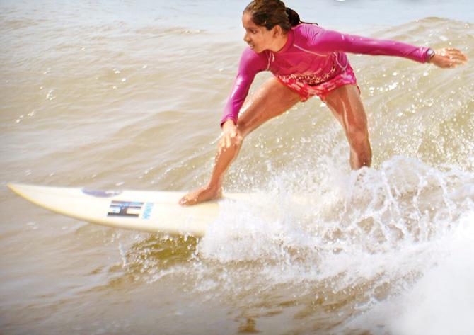 Sinchana D Gowda (14) won two national level championships in 2015 — Surfing Federation of India (SFI) Covelong Point Classic and Mahabs Surf Classic.  An ex-student of Stoked Surfers Club, she currently  trains with the Surfing Federation Of India.  Pic courtesy/Stoked  surfers club