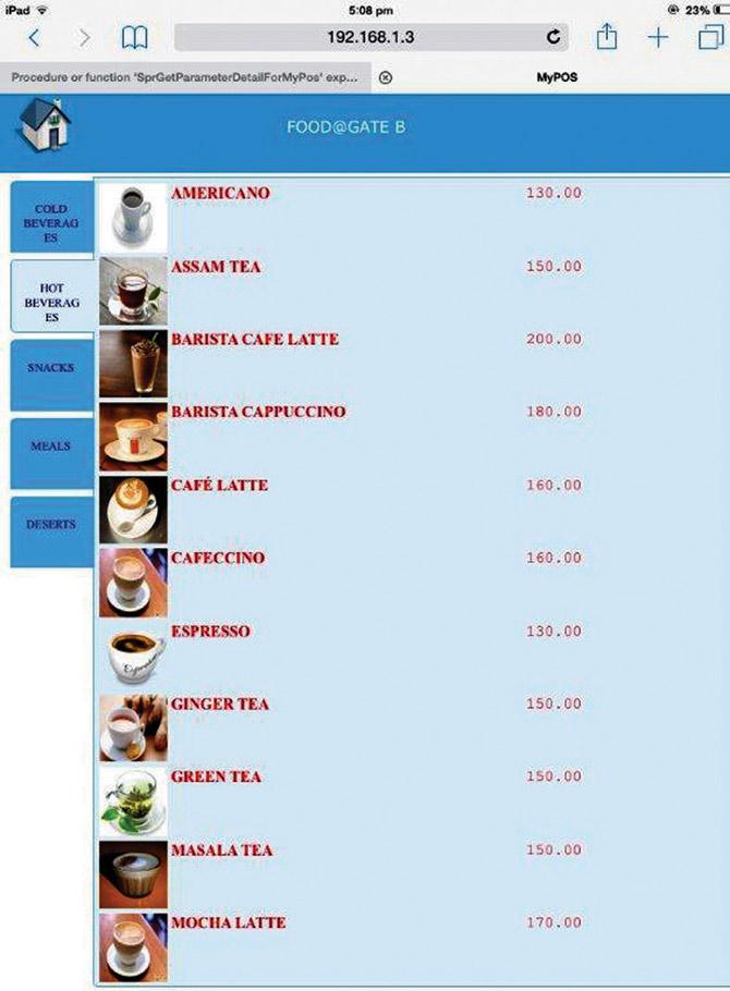 A screen grab of the food menu available via Food@Gate