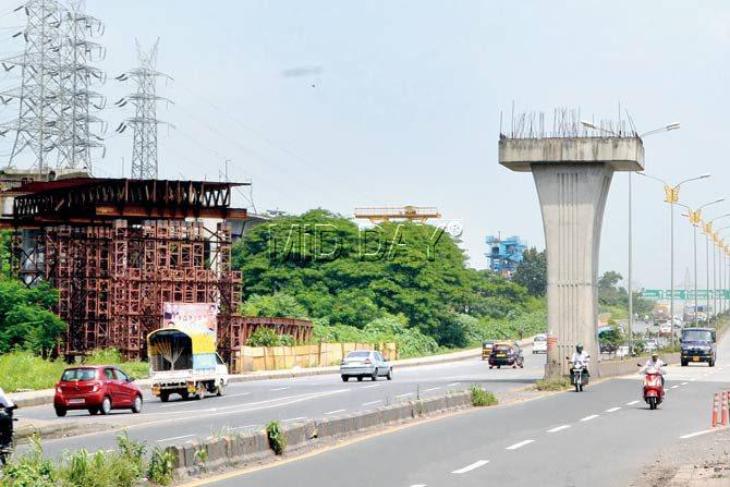 A pillar of the proposed Metro stands unfinished on the Sion-Panvel Highway near Belapur. PIC/DATTA KUMBHAR