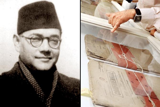 (Left) A file photo of Subhash Chandra Bose. (Right) Declassified files displayed at the Police Museum in Kolkata. pic/AFP