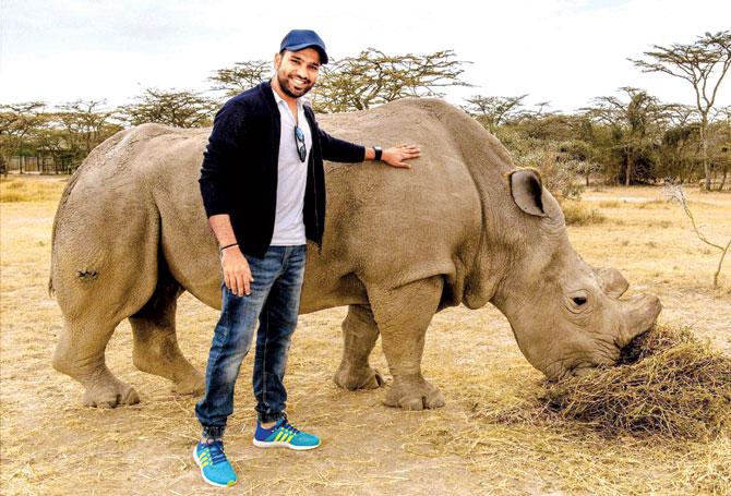 Indian cricketer Rohit Sharma poses with the only living white rhinoceros named Sudaan in Nairobi. Pic/PTI