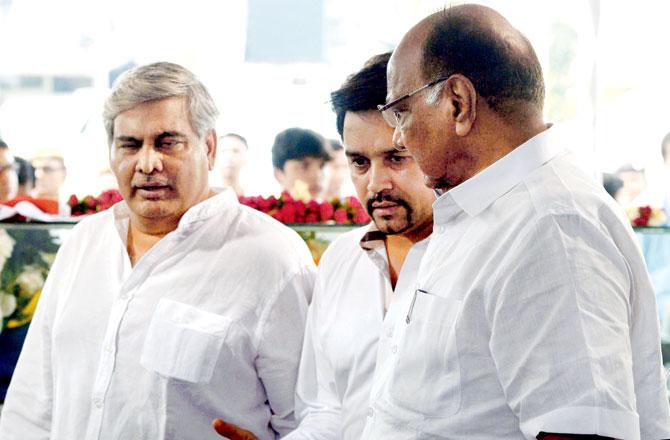 BCCI secretary Anurag Thakur with former Board presidents Shashank Manohar (left) and Sharad Pawar (right) at Dalmiya