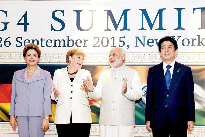 Indian PM Narendra Modi, German Chancellor Angela Merkel, Brazilian President Dilma Rousseff and Japanese Prime Minister Shinzo Abe in New York. PicS/afp 