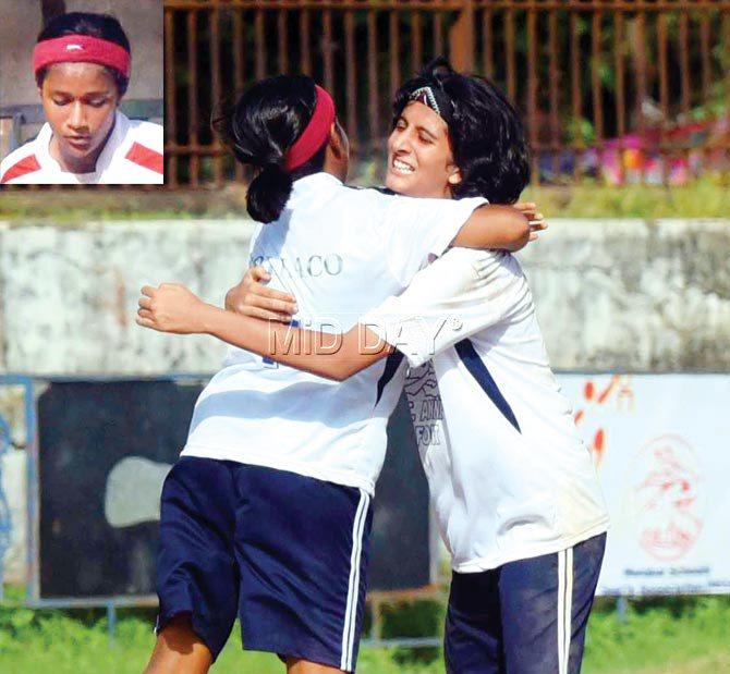 Inset: Tricia Colaco. Tricia hugs Renee Talati (right) after scoring against Bombay International School at Azad Maidan yesterday. Pic/Suresh KK