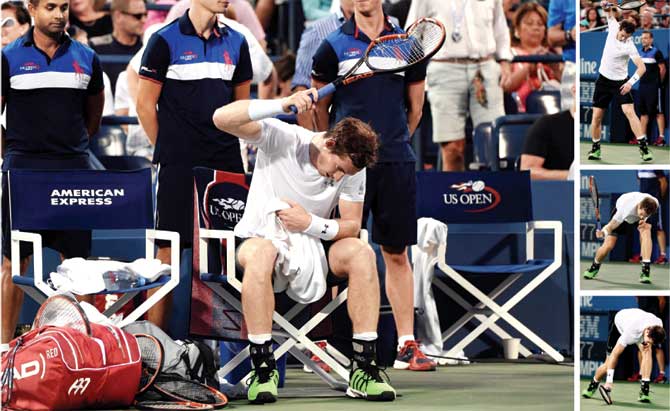 Beaten & broken: World No 3 Andy Murray is seen breaking his racquet in a series of pictures (1 to 4) en route his pre-quarter-final defeat to South Africa’s Kevin Anderson in the US Open on Monday night. Pics/AFP