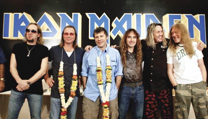 Adrian Smith, Dave Murray, Bruce Dickinson, Steve Harris, Nicko Mcbrain and Janick Gers of Iron Maiden pose for photographers during a press conference in Mumbai in January 2008. Pic/AFP