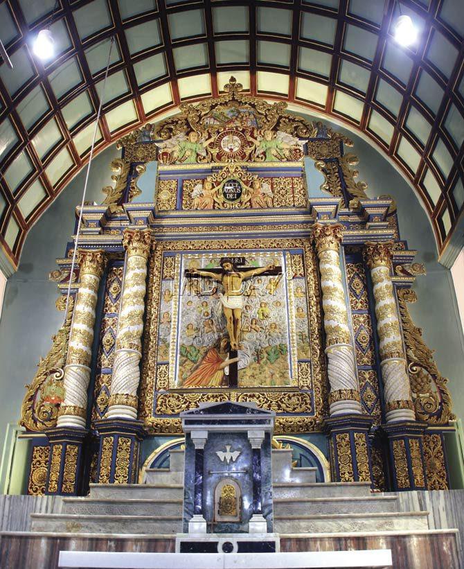 The main altar made of wood had been gilded, cleaned and polished. Very little restoration was needed for this centrepiece of the 432-year-old church. Marble was added later, in the 1960s. The wooden coffered ceiling was all painted, poorly repaired and one could not gauge the materials that were used. The joints had opened in some places, and had rotted. A painstaking process of removing the paint and repairing the joinery followed. The lower three rows on both sides of the sanctuary are in wood panels. The higher rows are in MS plates, which would have replaced the original wooden panels during previous repairs. Pics/Sharad Vegda