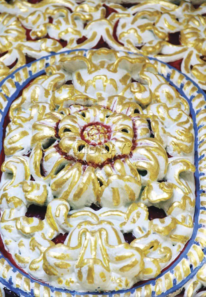 Close-up of a detail from the canopy that is perched on the left interior wall of the church. It was recreated from scratch based on historic references
