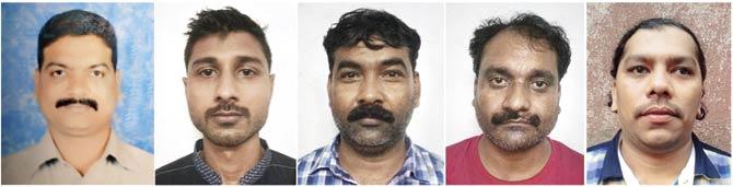 (L-R) Dayanand Shyamrao Shewale, Nasirali Shabirali Qureshi, Salim Badruddin Faki, Jagdish Indradeo Yadav and Fakrul Jafrul Ismail Sheikh. These five were among the eight accused who were posing as Sales Tax and Vigilance Department officials in a bid to loot the jewellery consignment