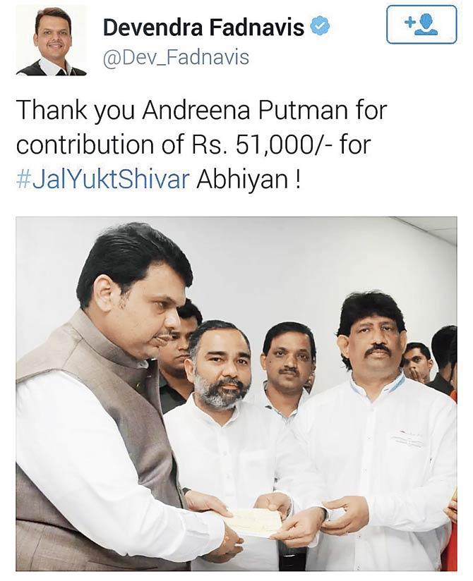 On August 31, Nevada Putman donated Rs 51,000 to Fadnavis for the latter’s pet project, JalYukt Shivar. Putman had put the name of his wife, Andreena, on the cheque