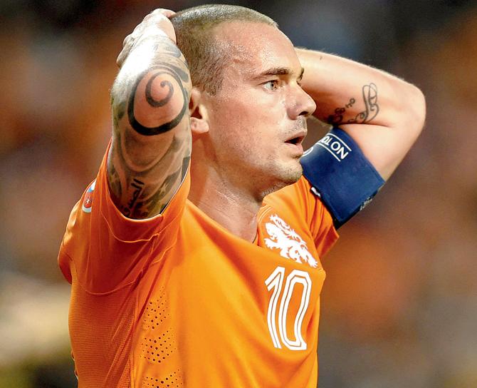 Netherlands’ Wesley Sneijder reacts during their Euro 2016 qualifier against Iceland at Amsterdam ArenA on Thursday. PIC/AFP