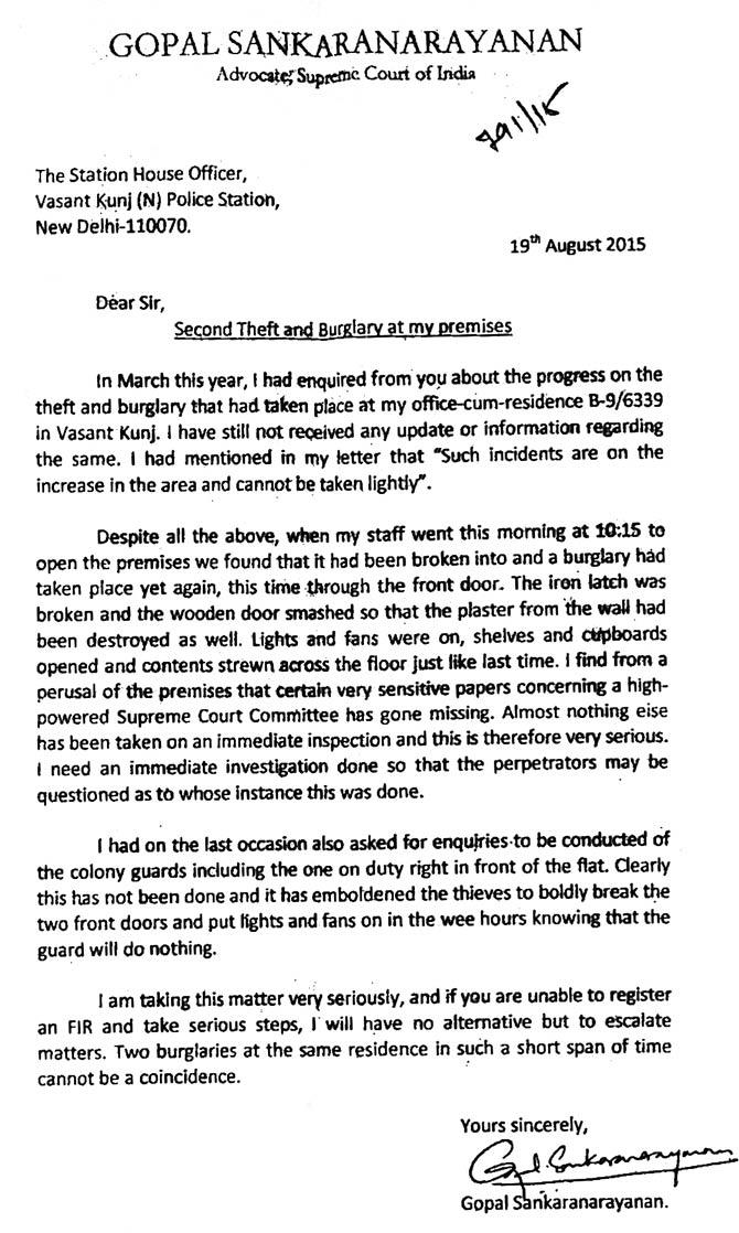 The letter written to the police by Advocate Gopal Sankaranarayanan, dated August 19, 2015