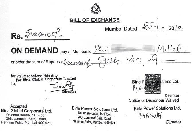 A bill of exchange from November 2010 shows Birla Global Corporate Limited as co-acceptor