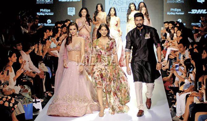 Amy Jackson left and Rana Daggubati right turned showstoppers for Anushree Reddy’s centre collection. Pics/Shadab Khan