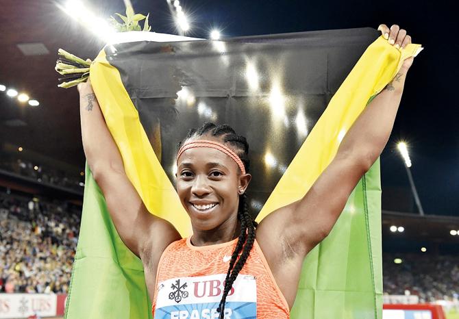 Jamaica’s Shelly-Ann Fraser-Pryce celebrates after winning the 100m gold at the Diamond League in Weltklasse, Zurich on Thursday. pic/AFP