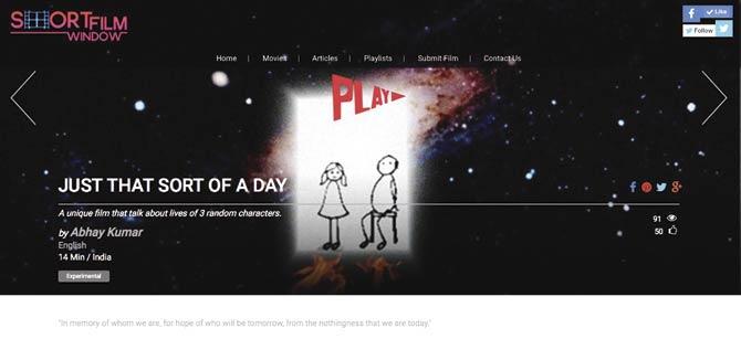 The website, ShortFilmWindow, featuring the film, Just That Sort Of A Day, by Abhay Kumar