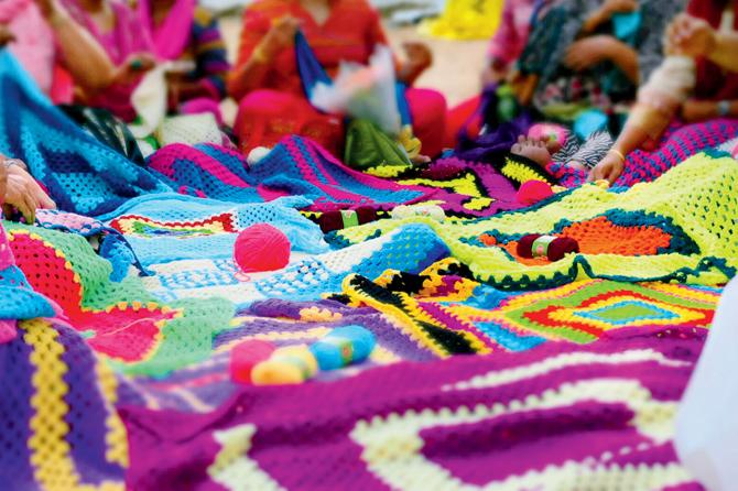Some of the blankets knit at a group meet
