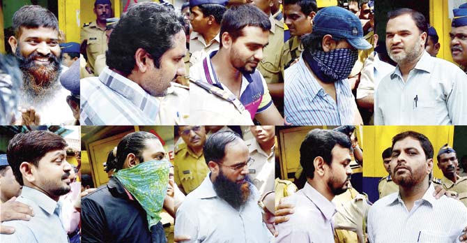 Ten of the 12 convicted for the 11/7 train blasts being led to court yesterday. Pic/PTI
