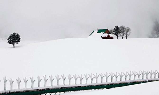 For Mehra, this picture of a church buried in snow behind a barricade in Gulmarg is symbolic of the division between India and Kashmir. “There’s a sense of alienation among Kashmiris when you broach the subject of India,” says the photographer, who made 25 trips to the Valley between 2006 and 2011. In all of Mehra’s images, conflict is portrayed through metaphors. The sheets of snow and the vast, barren landscapes carry an underlying tone of tension and melancholia. 
