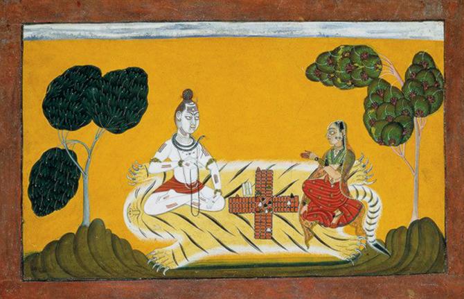 Shiva and Parvati play pachisi, in a painting by Devidasa of Nurpur at the Metropolitan Museum of Art. Ludo, says Dr Finkel, is the modern-day pachisi