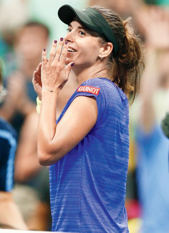 Petra Cetkovska reacts after beating Caroline Wozniacki. Pic/AFP