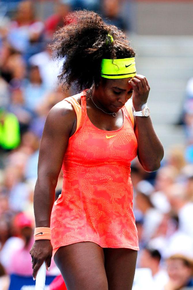 Serena Williams reacts against Roberta Vinci of Italy during their Women-s Singles Semifinals match on Day Twelve of the 2015 U.S. Open at the USTA Billie Jean King National Tennis Center in the Flushing neighborhood of the Queens borough of New York City. Mike Stobe/Getty Images for the USTA/AFP