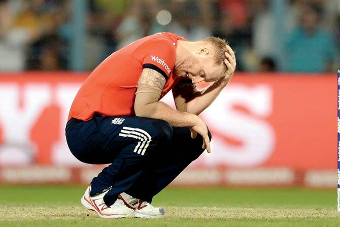 Ben Stokes is dejected after being hit for four consecutive sixes by Carlos Brathwaite at Eden Gardens in Kolkata on Sunday. PIC/Getty Images