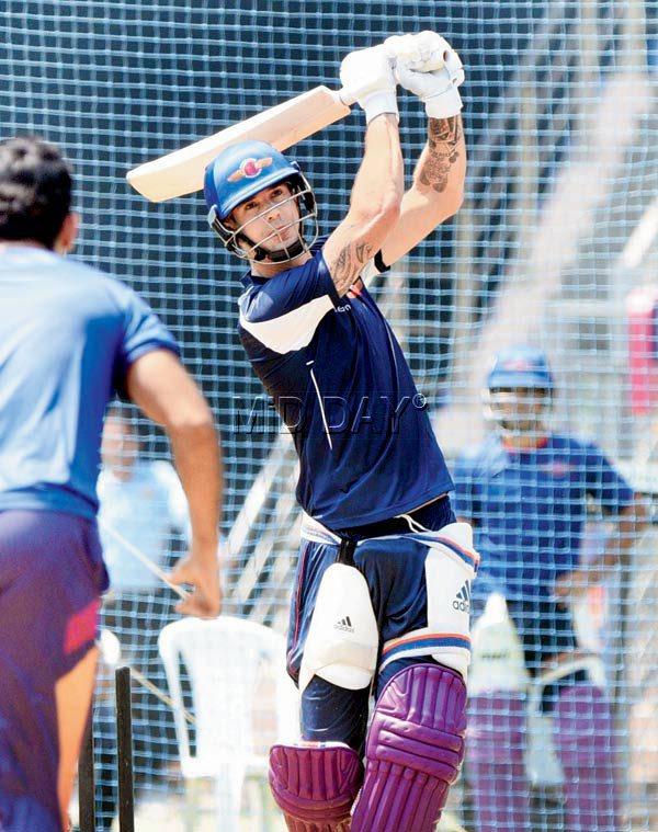 Rising Pune Supergiants’ big-hitter  Kevin Pietersen bats in the nets at Wankhede yesterday. PIC/SURESH KARKERA  Pic/Suresh Karkera